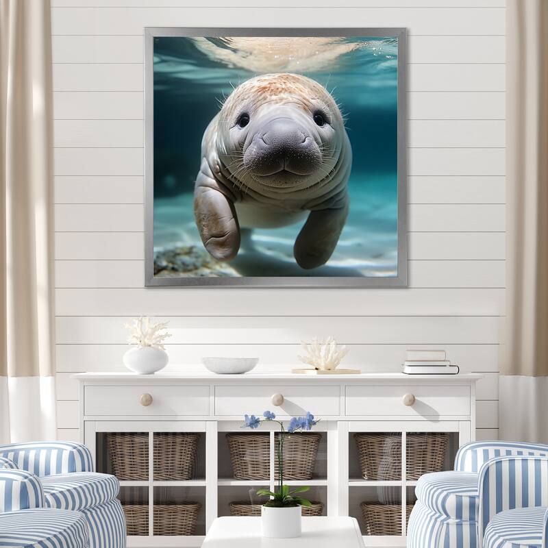 Designart "Curious Manatee Gaze III" Manatee Wall Decor Blue Modern Entryway Framed Wall Art - 16 in. wide x 16 in. high - Silver