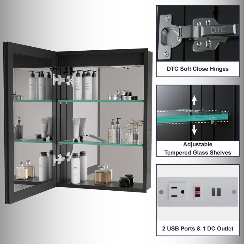 Kylo Aluminum LED Medicine Cabinet with Mirror, Dimmable, Anti-Fog, Recessed/Wall Mount