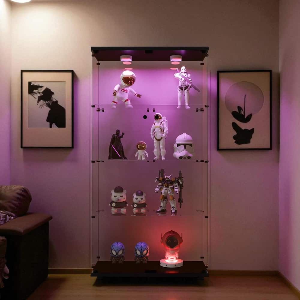 Lighted Two-Door Glass Display Cabinet with 4 Shelves, Tempered Glass and Security Lock