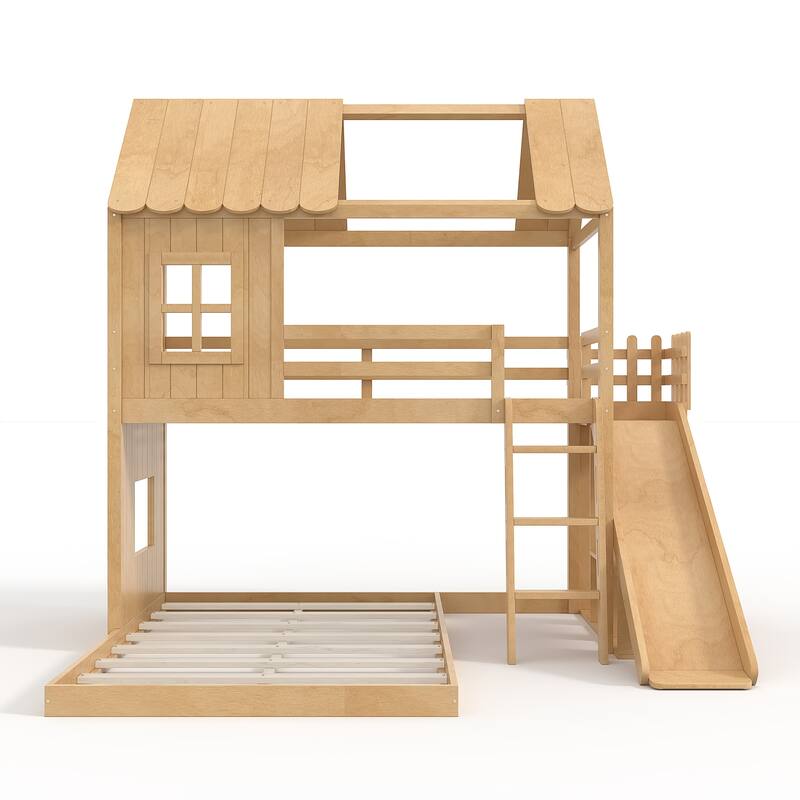 Twin over Full House Bunk Bed with Ladders and Slides, House Floor Bunk Bed with Storage Shelves and Wardrobe