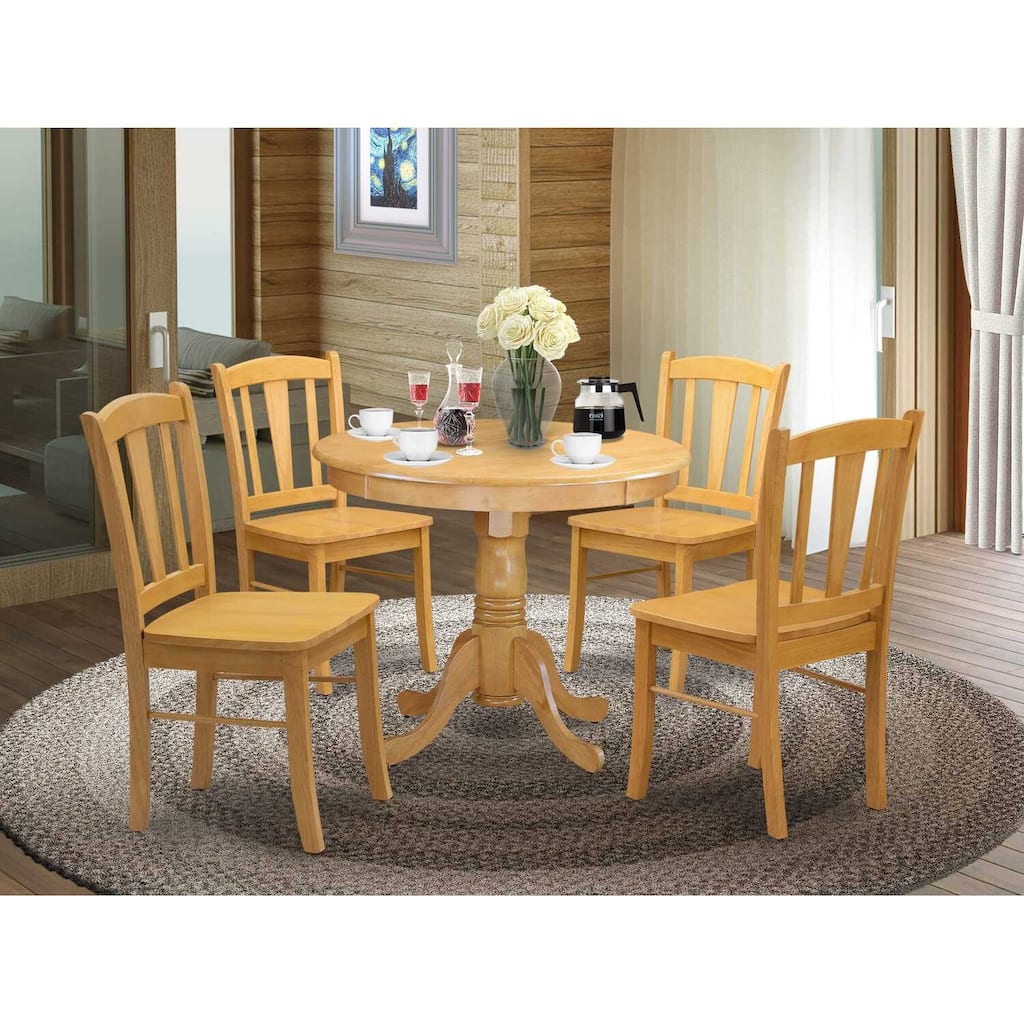 HomeStock 5-Piece Natural Oak Finish Solid Wood Top Dining table with 4 Chairs with Slat Back