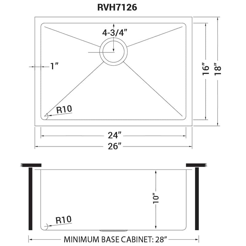 Ruvati 26-inch Undermount 16 Gauge Tight Radius Stainless Steel Kitchen Sink Single Bowl - RVH7126 - 24″ x 16″