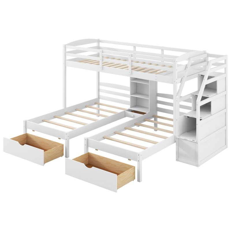 Roomfitters Twin Over Twin and Twin Triple Bunk Bed with Drawers and Storage Shelves