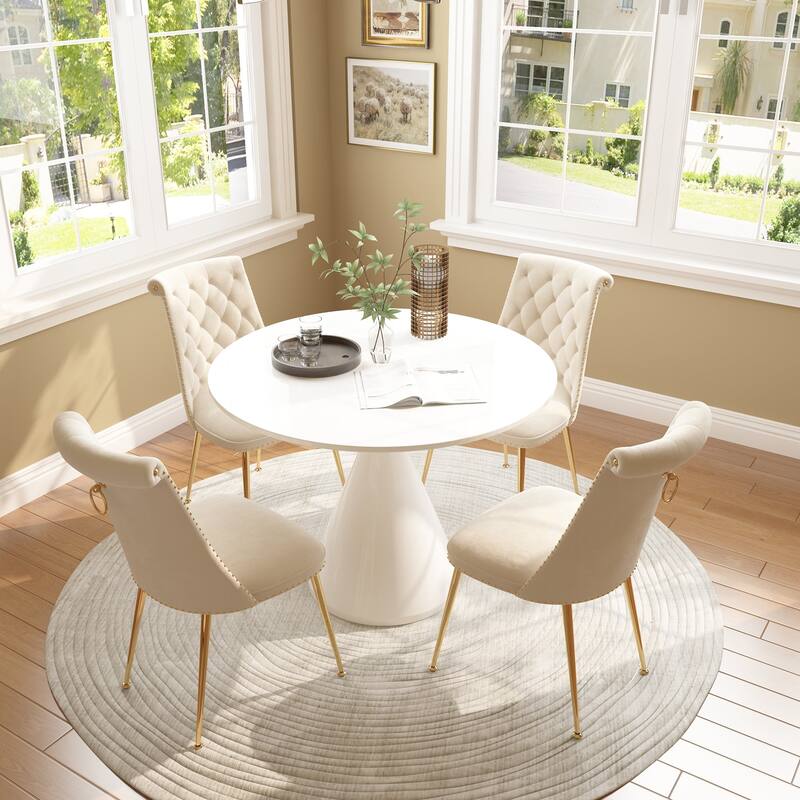 48" Light Luxury White High Gloss Large Countertop Dining Table with Velvet Dining Chair Set