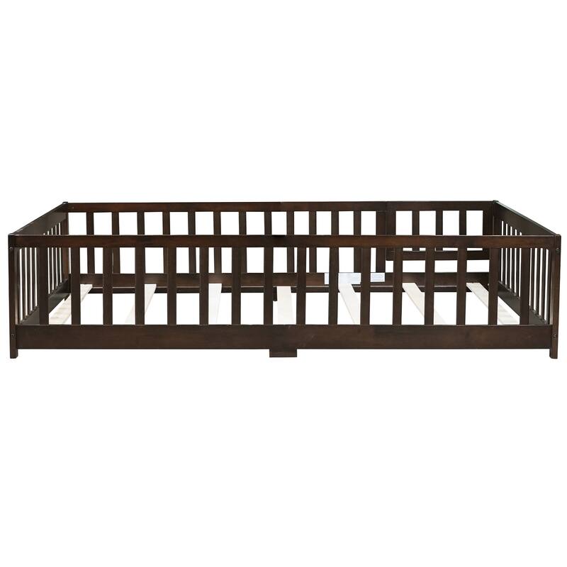 Full Size Floor Bed With Fence And Door,Rubber Wood Floor Bed With Safety Guardrails