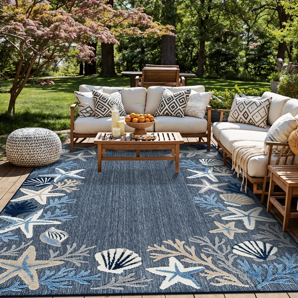 World Rug Gallery Indoor/Outdoor High-Low Textured Area Rug, Coastal Border Easy-Clean Patio Rug