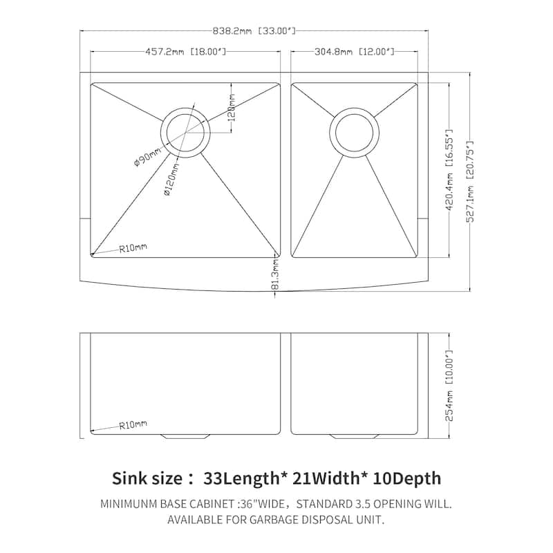 33" Farmhouse 16 Gauge Double Bowl Stainless Steel Kitchen Sink in Brushed Nickel - 33'' x 21'' x 10''