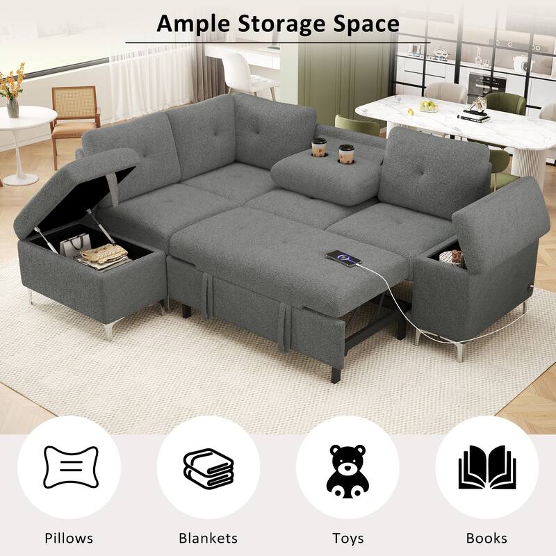 88.2" L-Shaped Upholstered Sofa with Ample Storage Space, Two Cup Holders and Two USB Ports