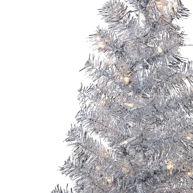 Pre-Lit Artificial Tinsel Christmas Tree - 3' - Silver - Clear Lights - 3 Foot