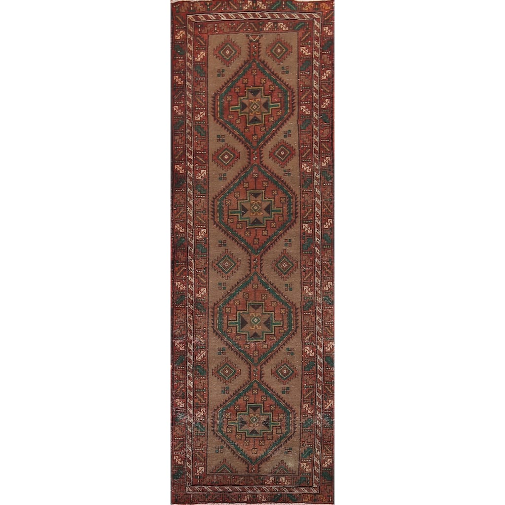 Brown Ardebil Persian Vintage Runner Rug Handmade Wool Carpet - 3'10" x 13'10"