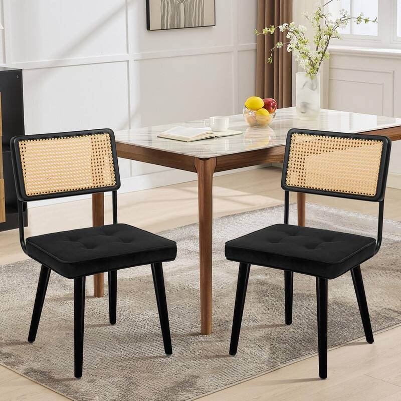 Mid-Century Modern Upholstered Dining Chair with Checkered Hollow Rattan Backrest and Padded Cushion - Black - 2-Piece