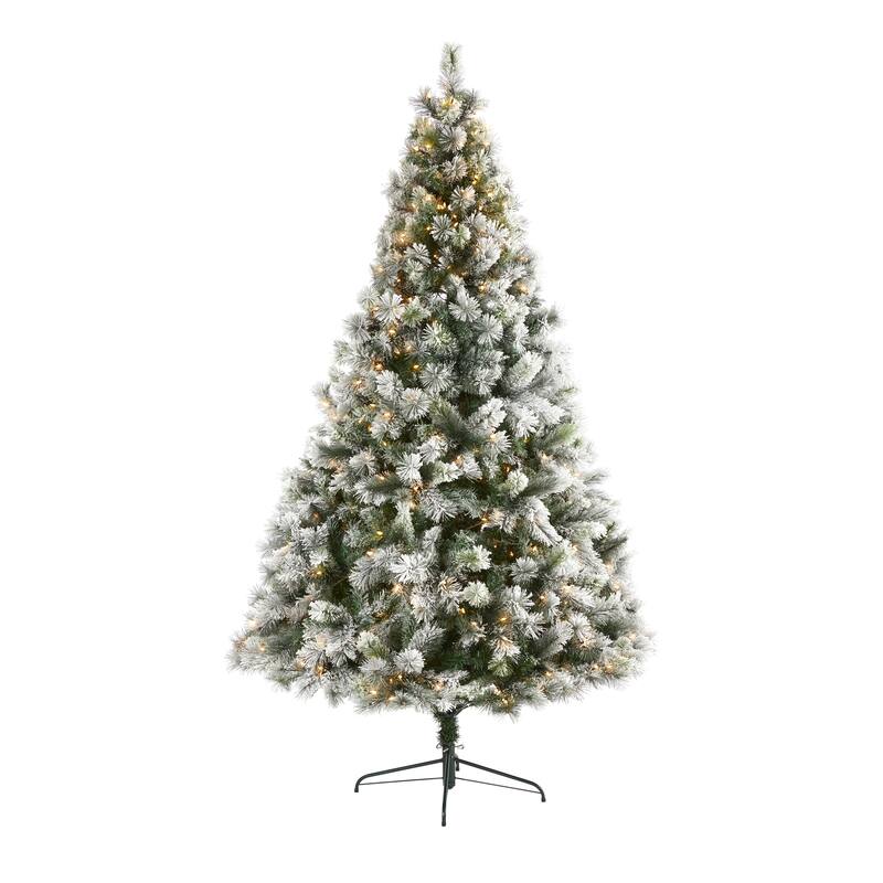 8’ Pre-Lit Flocked Oregon Pine Artificial Christmas Tree, Clear LED Lights - 8 Foot