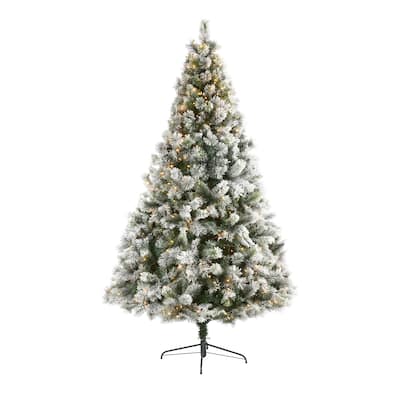 8’ Pre-Lit Flocked Oregon Pine Artificial Christmas Tree, Clear LED Lights - 8 Foot