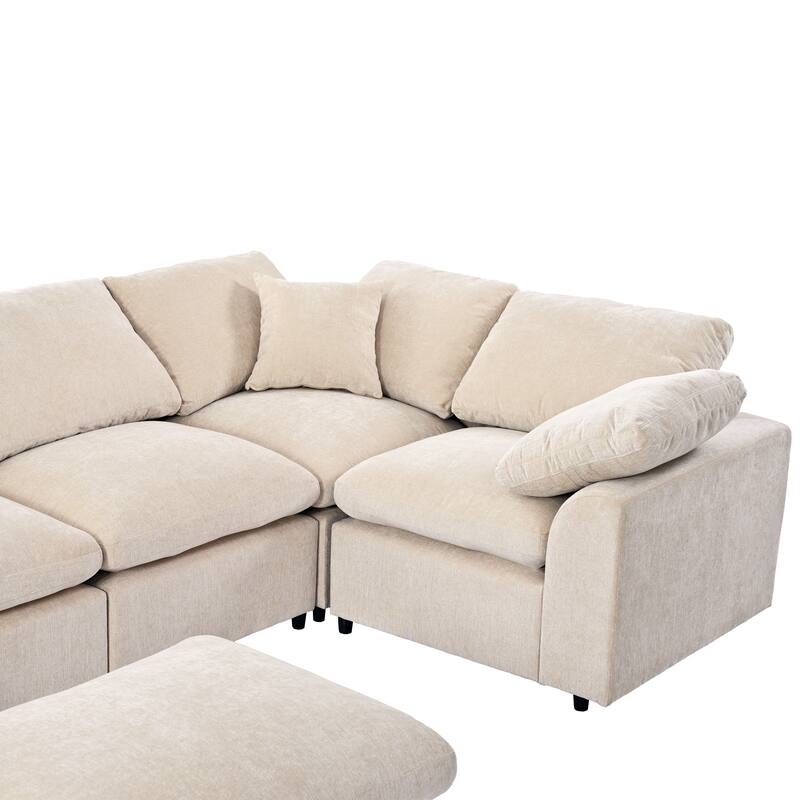 129.3'' L-Shaped 7-Seat Sectional Sofa with Ottoman and Pillow for Spacious Living