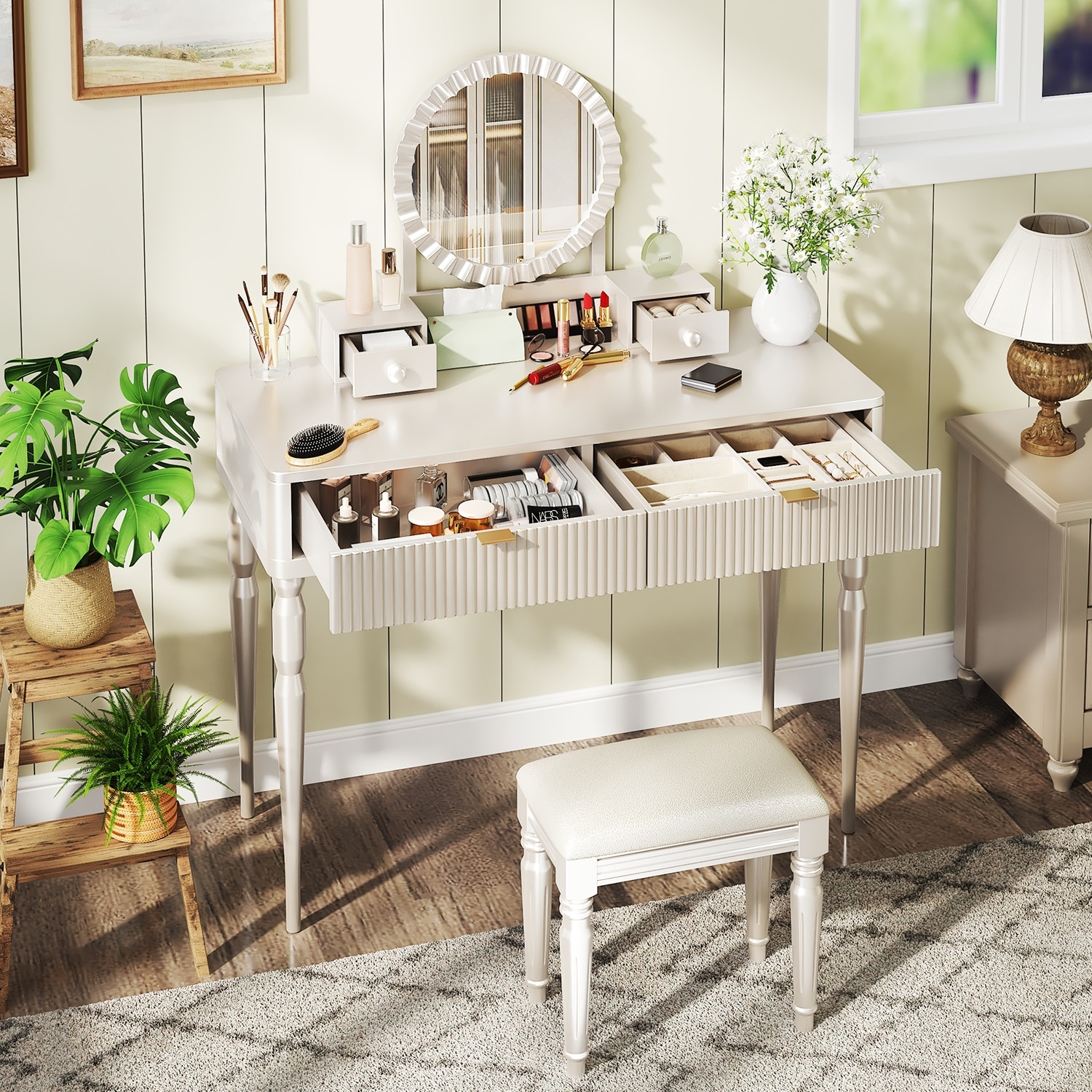 round dressing table design Wood 4-Drawer Fluted Vanity Table/Stool, Adjustable Sunflower-Shaped Mirror, Carved Legs Princess Anne's 1973 wedding Stylish summersale26-2 Color:Heavy Embellished Palace Dress Additional shelves make your