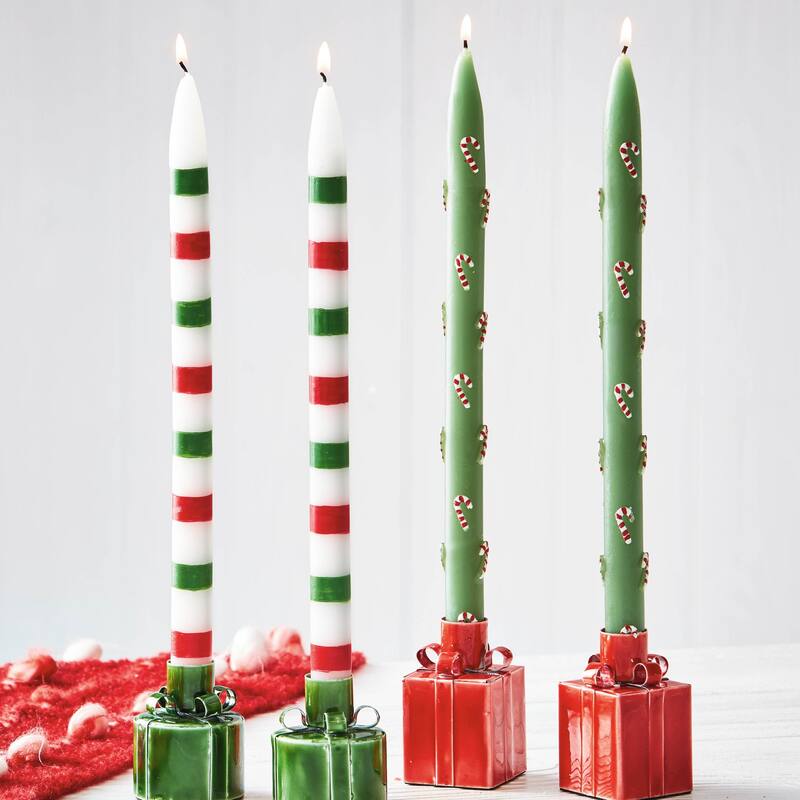 Hand Painted Candy Cane Taper Candles - Christmas Green Multi, 12" Paraffin Wax, 6hr Burn Time, Novelty Decor
