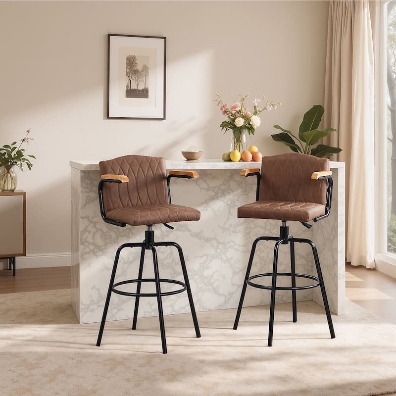 VECELO Set of 2/4 Brown PU Leather Swivel Bar Stools Comfortable Swivel Bar Stools with Footrest Fixed Height Tufted Bar Stools - Brown - Set of 2