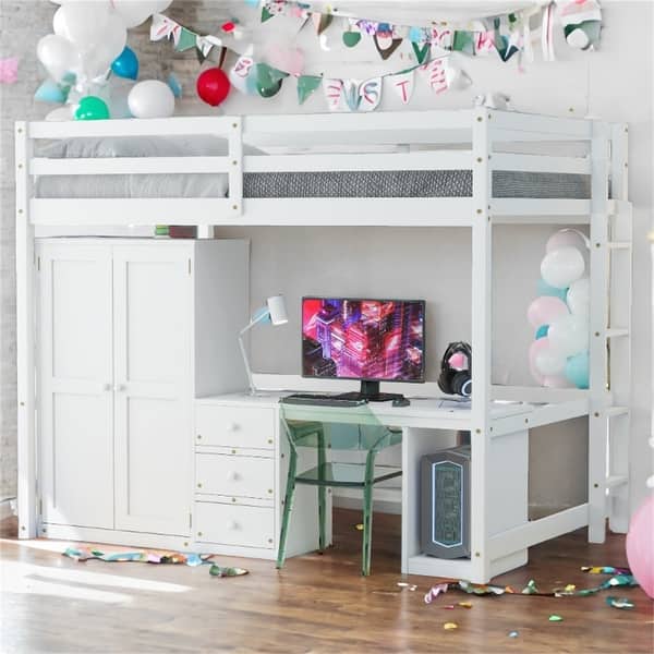 slide 2 of 24, Full Size Loft Bed with Integrated Wardrobe, Desk, and Storage Drawers, Space-Saving White Design White