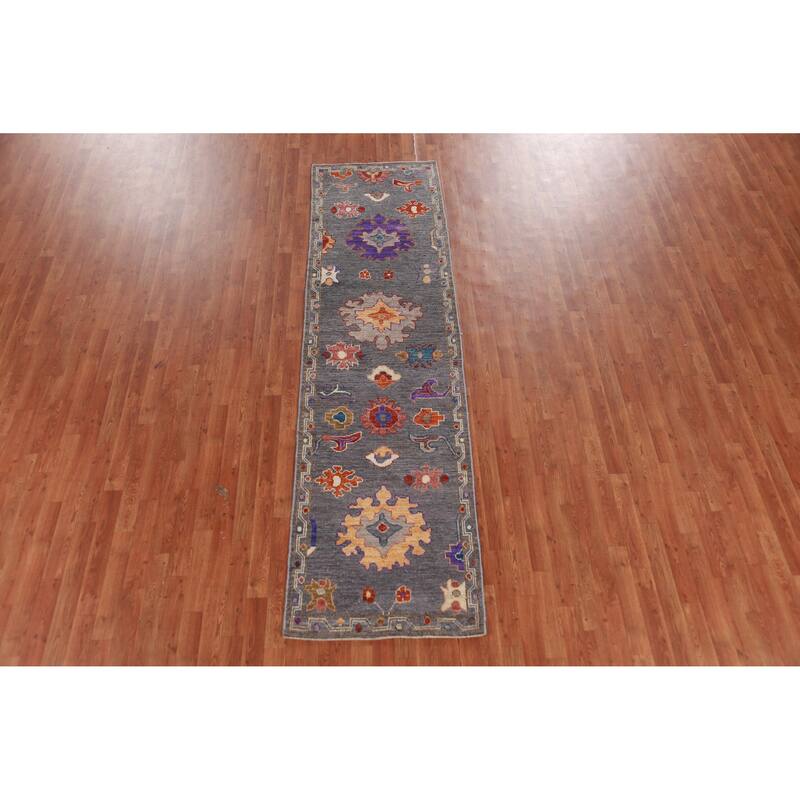 Hand Knotted Oriental 100% Wool Carpet Transitional Floral Greys & Charcoal Oushak Runner Rug - 9' 10'' X 2' 8''