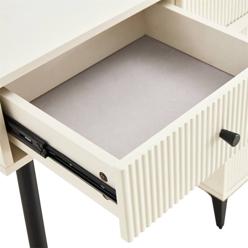 Fluted Makeup Vanity Desk with Round LED Mirror,4 Drawers - Milk White