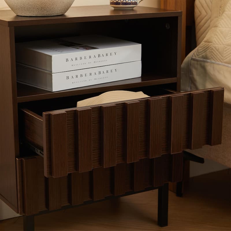 Mid Century Woodgrain Nightstand Pair 2 Drawers Bedside Table