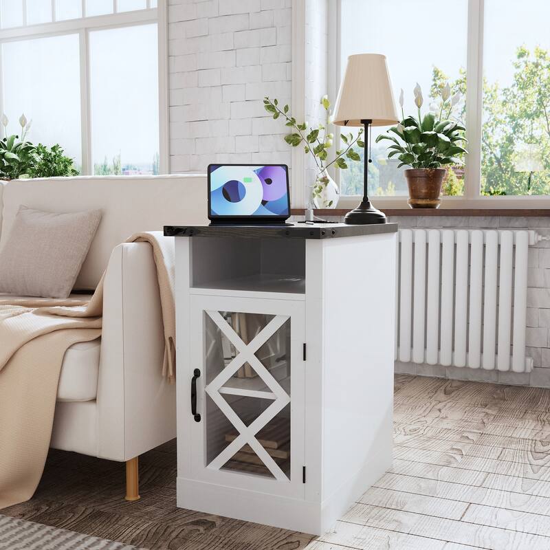 Farmhouse End Table with Charging Station abnd Adjustable Shelf for Living Room and Bedroom