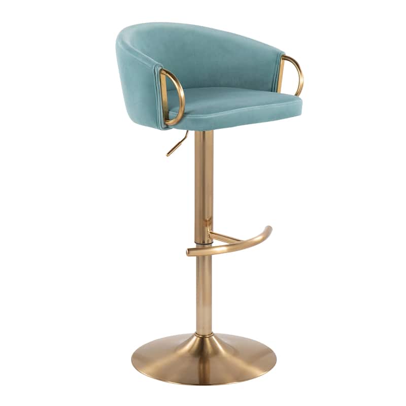 Silver Orchid Battista Adjustable Bar Stool (Set of 2) - Light Blue Velvet/Gold Metal/Rounded T