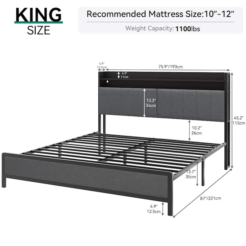 LED Bed Frame with Storage Headboard and Charging Station