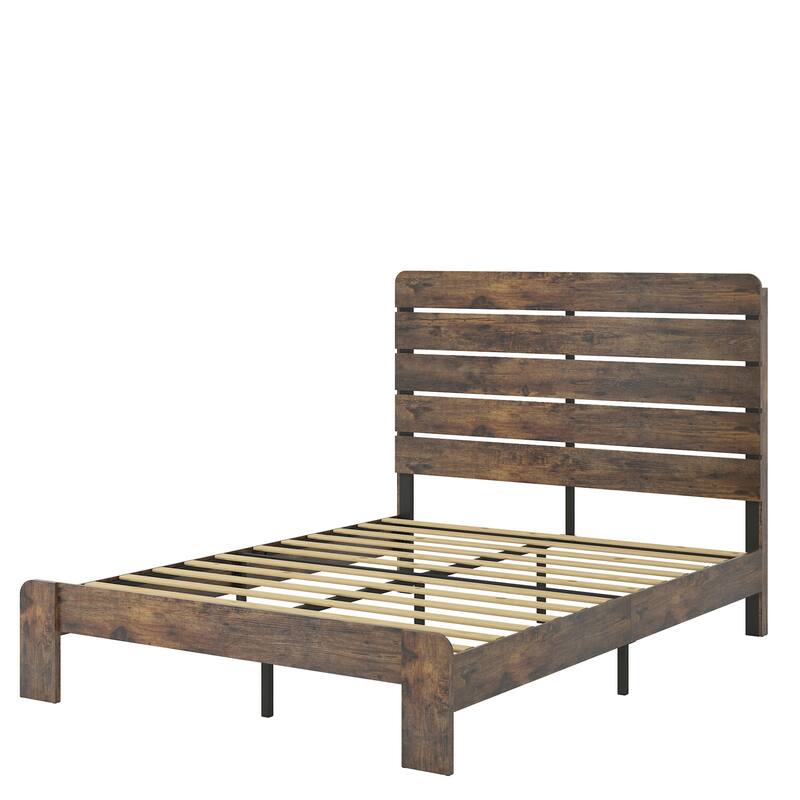 Wooden Bed Frame Full/Queen/King Size Platform Bed with Headboard and Wood Slats Support Mattress Foundation, Under Bed Storage