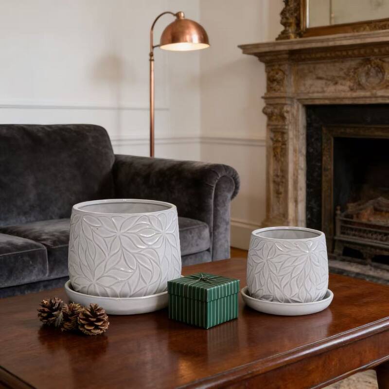 Set of 2 Handmade Modern Embossed Leaf Ceramic Planters with Saucers
