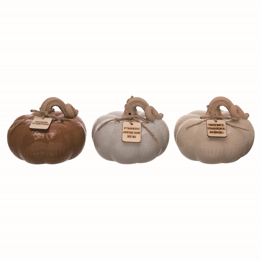 Transpac Terracotta 7.5 in. Multicolor Autumn Patterned Pumpkin with Tag Set of 3