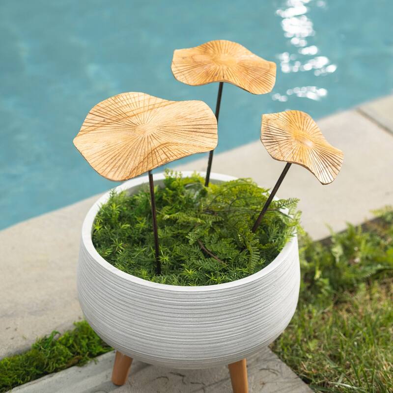 16 in. Hand-Carved Wood Mushroom Metal Stakes (Set of 3)