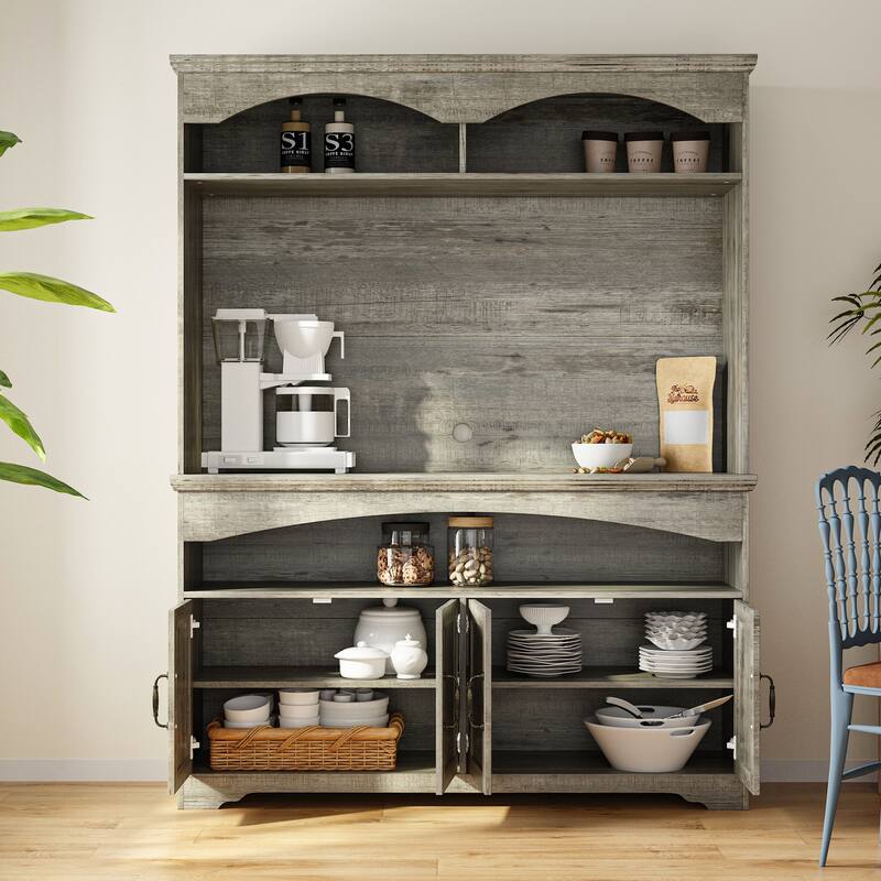 Coffee Bar Cabinet with Hutch and Storage Shelves Rustic Buffet Cabinet with 4 Doors for Kitchen or Dining Room