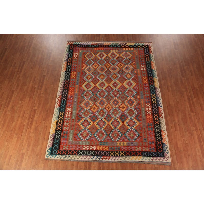 South Western Style Kilim Oriental Rug Hand-Woven Orange Wool Carpet - 8'0"x 11'4"