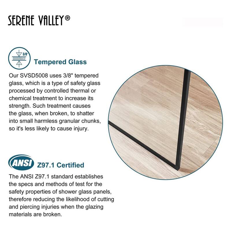 Serene Valley 34 x 72 Inch Tempered Glass Stand Alone Shower Screen, Matte Black - 78.35