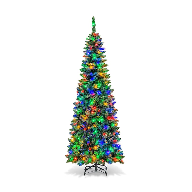 Gymax 7.5ft Pre-Lit Pencil Christmas Tree Hinged PVC Tree w/ 350 - Green - 7.5 Foot