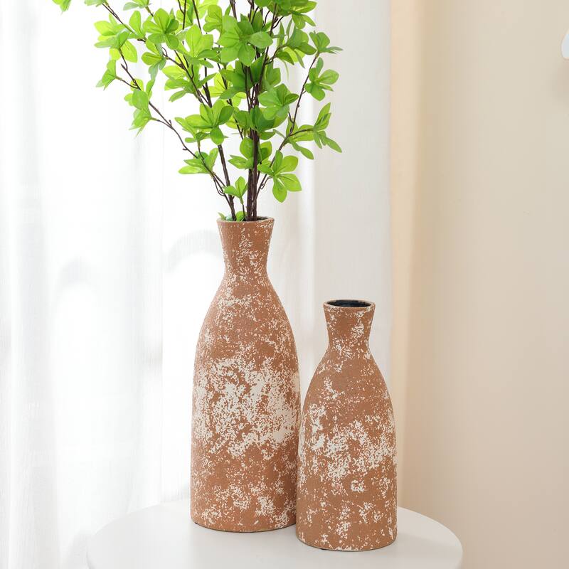 2-Piece Rustic Brown Round Stoneware Vase Set