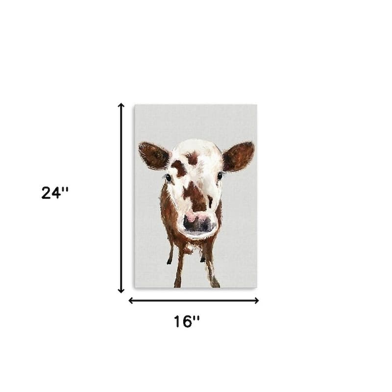 HomeRoots 24" x 16" Brown and White Baby Cow Face Canvas Wall Art