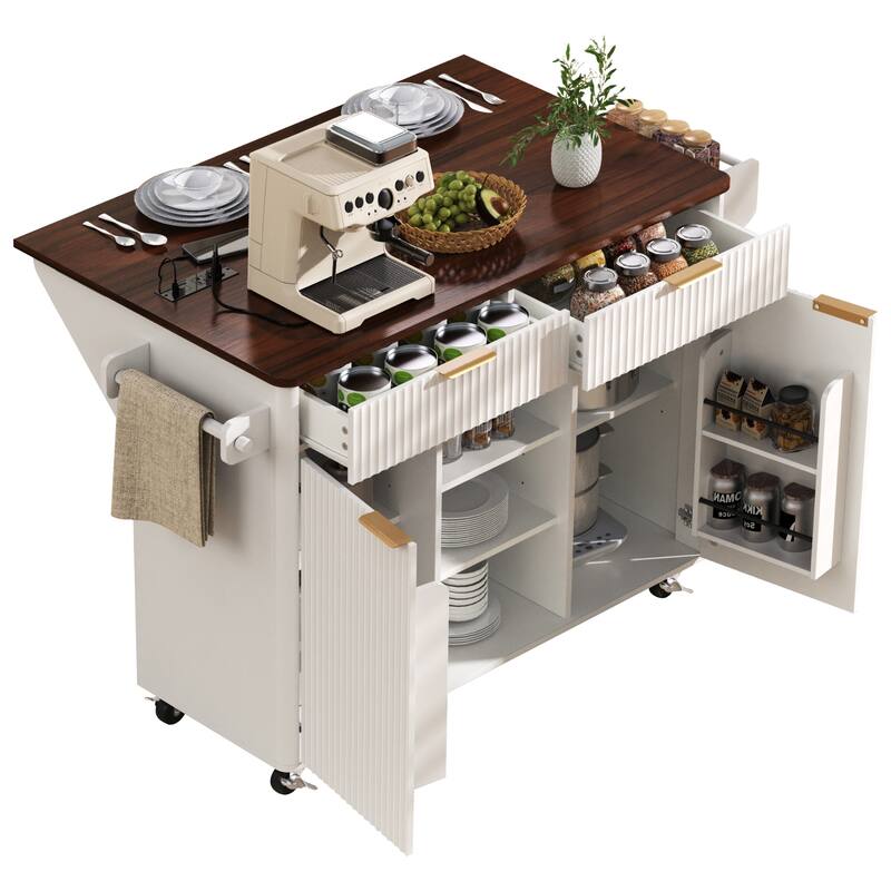 Kitchen Island with Drop Leaf & Power Outlet, Fluted Island Table on Lockable Wheels, Kitchen Cart with Adjustable Shelves
