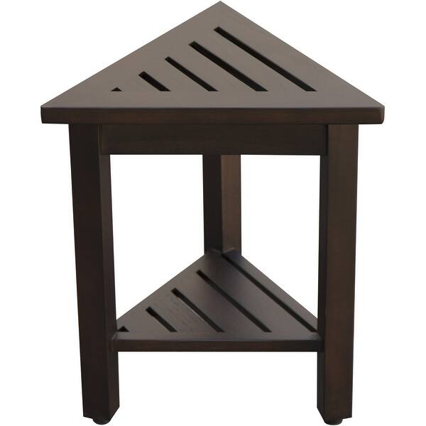 Compact Triangular Teak Shower Outdoor Bench with Shelf in Brown Finish