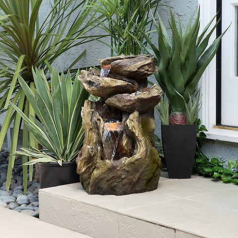 Alpine Corporation 22" Tall Outdoor Four-Tier Rainforest Log Waterfall Fountain with LED Lights