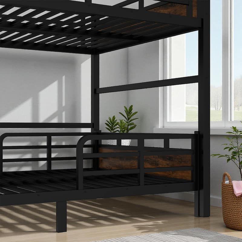 Queen over Queen Metal Bunk Bed Frame with Guardrails, Convertible Loft and Platform Beds, Noise-Free Design