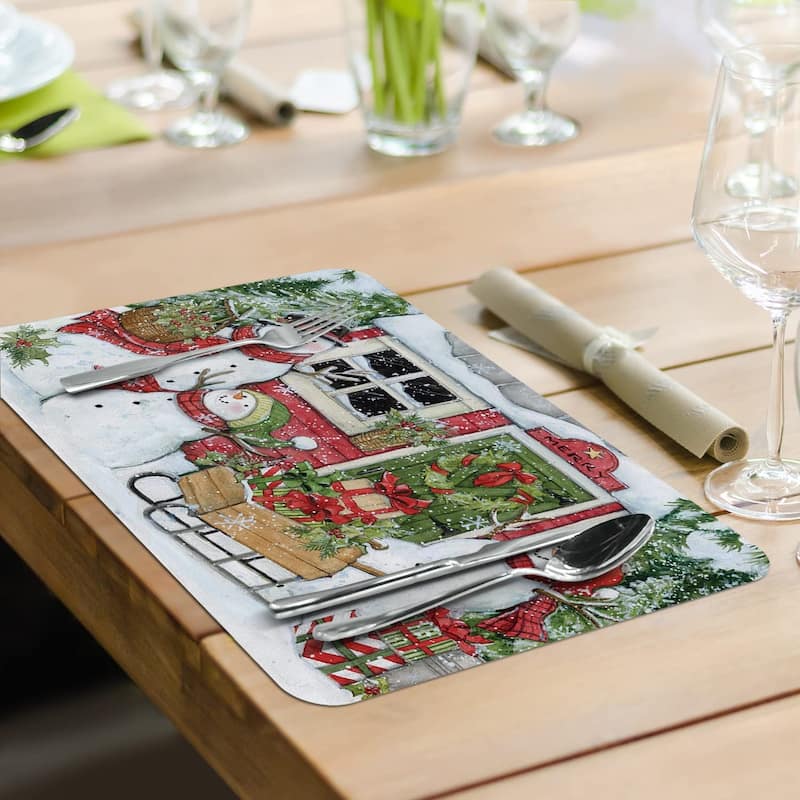 CounterArt Snowman's Farmhouse Reversible Easy Care Flexible Plastic Placemat 4 Pack Made in The USA