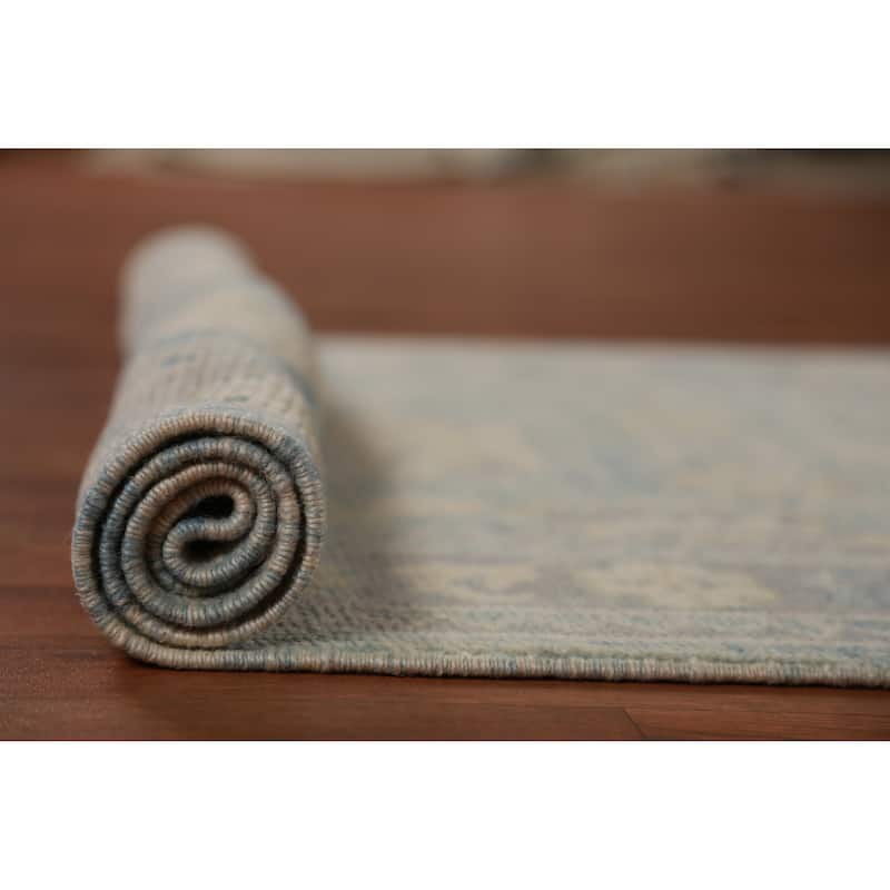 Hand Knotted Oriental 100% Wool Carpet Transitional Floral Navy Blue & Blues Oushak Runner Rug - 20' 2'' X 3' 1''