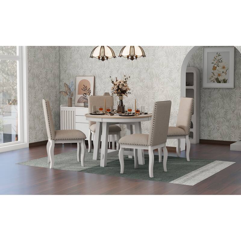 5-Piece Farmhouse Dining Table Set Wood Round Extendable Dining Table and 4 Upholstered Dining Chairs