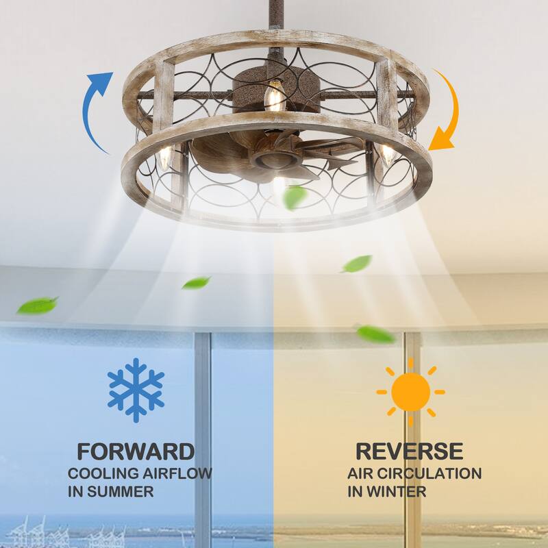 Oaks Aura 18" Farmhouse Solid Wood Reversible Ceiling Fan with Remote, Silent Motor 6-Speed Caged Ceiling Fan with Light