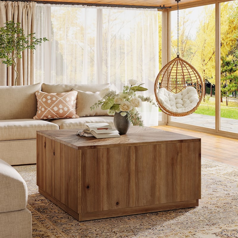 Solid Wood Coffee Table for Living Room, Farmhouse Square Accent Center Cocktail Table