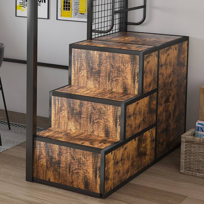 Space-Saving Full-Size Loft Bed with Desk & USB Charging, Modern Heavy Metal Bed Frame, Hidden Drawers, Staircase & Storage Rack