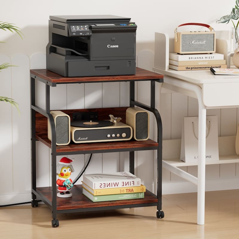 Javlergo 3-Tier Rolling Printer Stand with Locking Wheels Charging Station & AC/USB Outlets Mobile Office Storage Cart - Brown