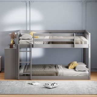 Multifunctional Wood Bunk Bed with Maximized space, Solid Construction and Build-in Ladder, Grey